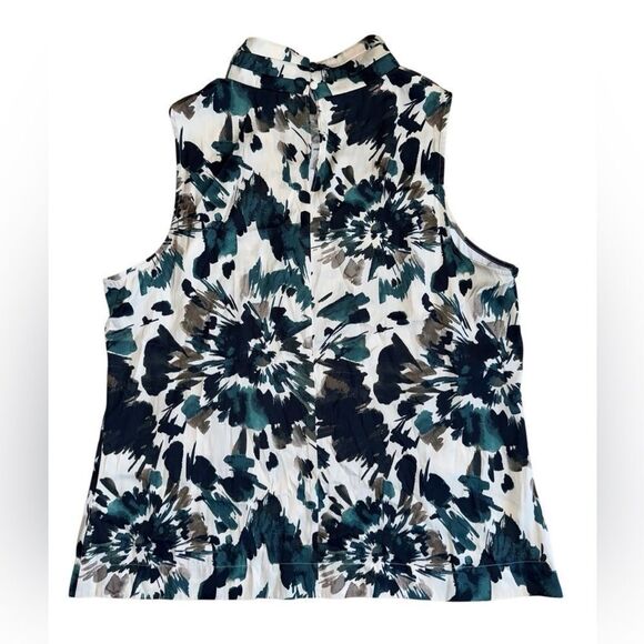 Tart Women's Pleated Mock Neck Green & Cream Abstract Sleeveless Top Size Large - Picture 3 of 6